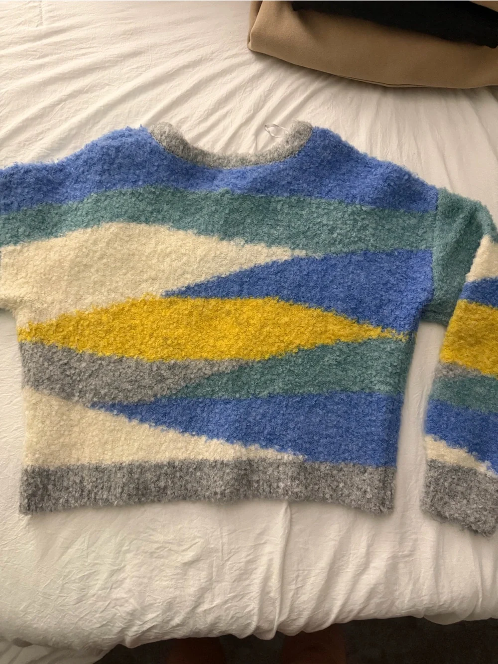 Cozy Multicolor Fuzzy Sweater - Blue, Yellow, Gray, Cream - Picture 2 of 2